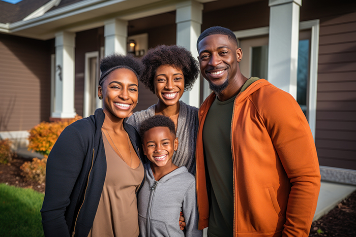 A happy family standing in front of their home.